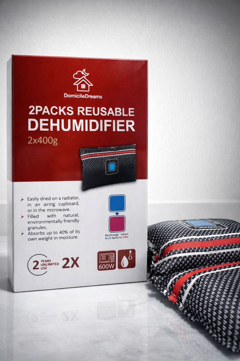DomicileDreams Twin Pack Reusable Cars Home Caravans and Wardrobes Dehumidifier Bags Rechargeable Moisture Absorbers for Fog-Free Windscreens & Damp Prevention