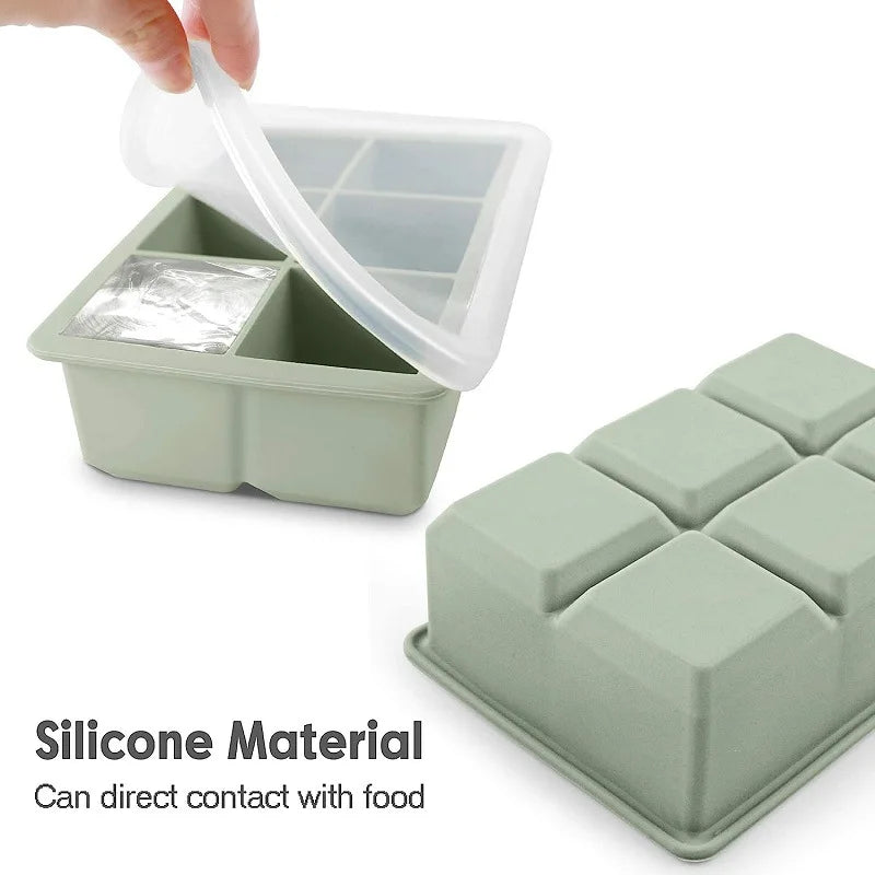 1PC 6 Cavity Silicone Ice Cube Tray with Lid Food Grade Flexible Mold for Freezer Cocktails