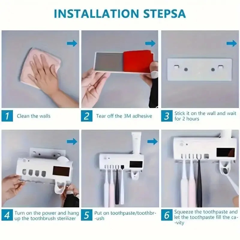 A disinfectant toothbrush holder, a wall mounted toothpaste dispenser, and a bathroom accessory set that does not require drilli